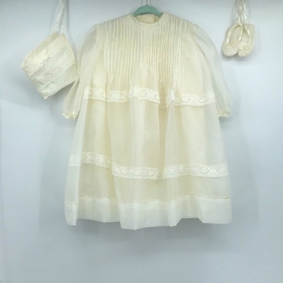 Vintage 70’s Chiffon Lace Christening Gown Wedding Dress Bonnet Booties Set - Picture 2 of 16